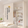 A white vertical slat room divider partition with a curved frame and an open shelving unit.