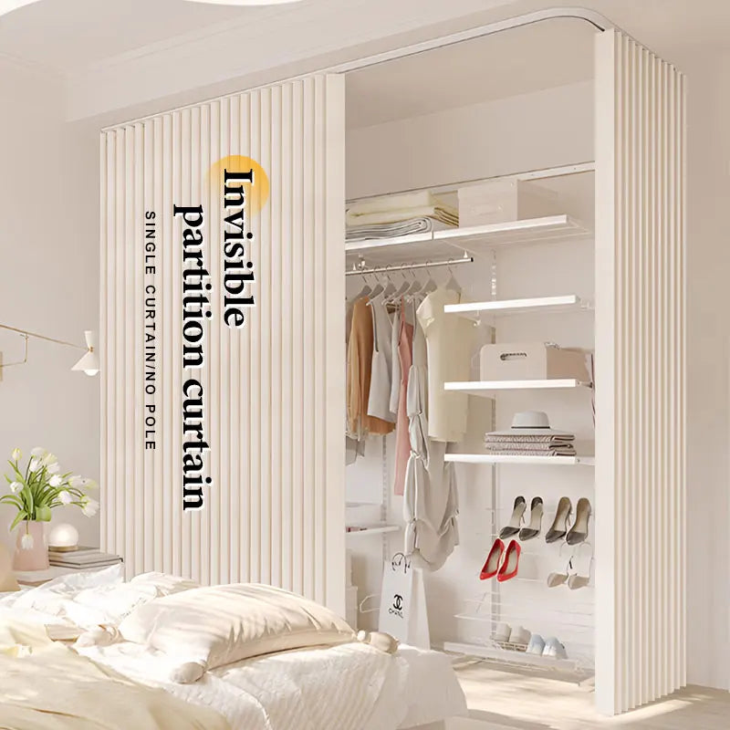 A white vertical slat room divider partition with a curved frame and an open shelving unit.