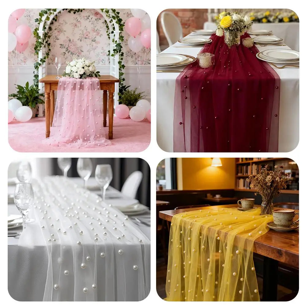 A collection of pearl beaded tulle table runners in pink, white, and yellow tones displayed on tables.