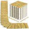 A set of interlocking foam floor mats made of wood grain material shown in various arrangements.