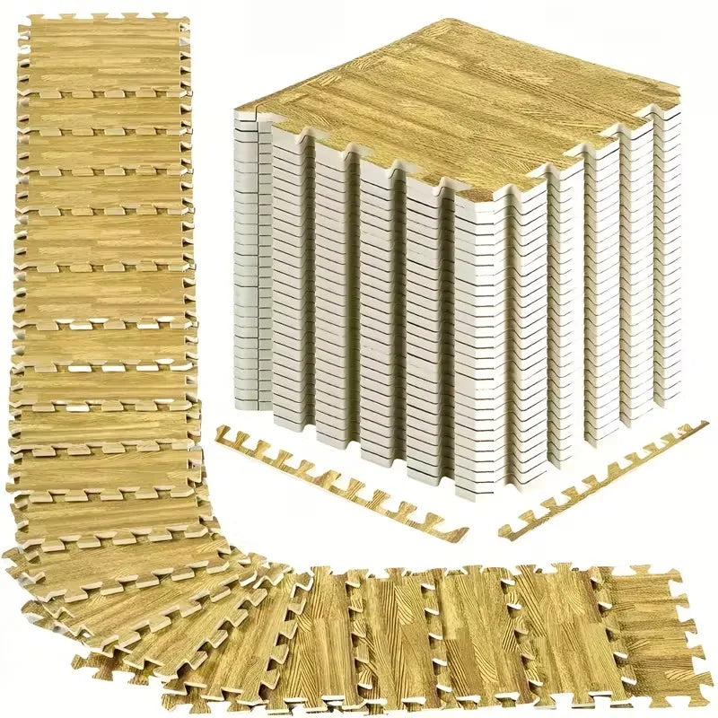A set of interlocking foam floor mats made of wood grain material shown in various arrangements.