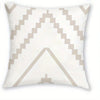 A white decorative pillow cover featuring a geometric pattern of light beige zigzags and a central triangle design.