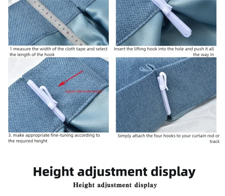 Close-up images showing the process of adjusting and attaching curtain hanging hooks.