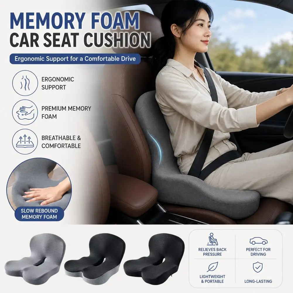 A woman is sitting in a car, demonstrating an ergonomic memory foam car seat cushion designed for comfortable driving.