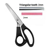 Stainless steel triangular tooth sewing scissors with 2mm opening shown in a close-up view