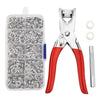 A clear plastic case containing assorted metal snaps and a pair of silver pliers for installation.