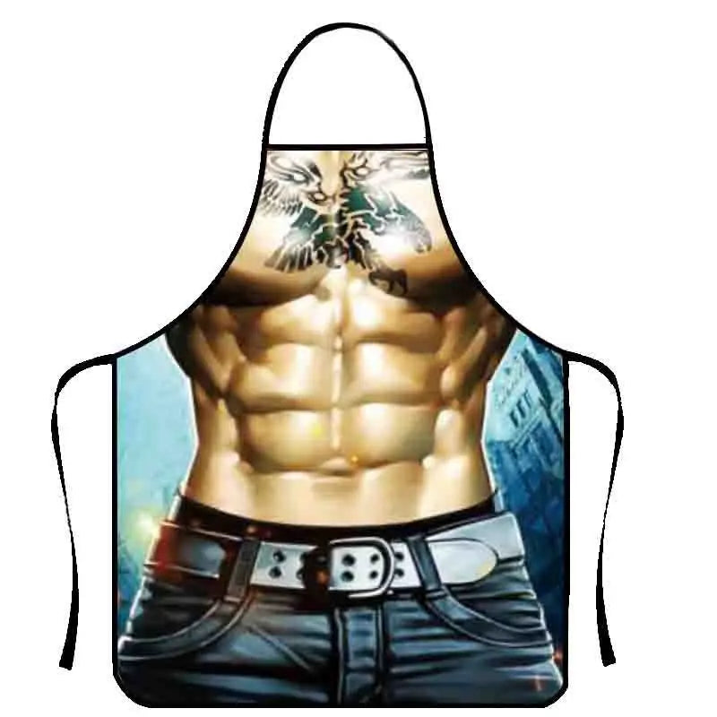 A male torso wearing a versatile muscle and creativity apron, showing defined abdominal muscles.