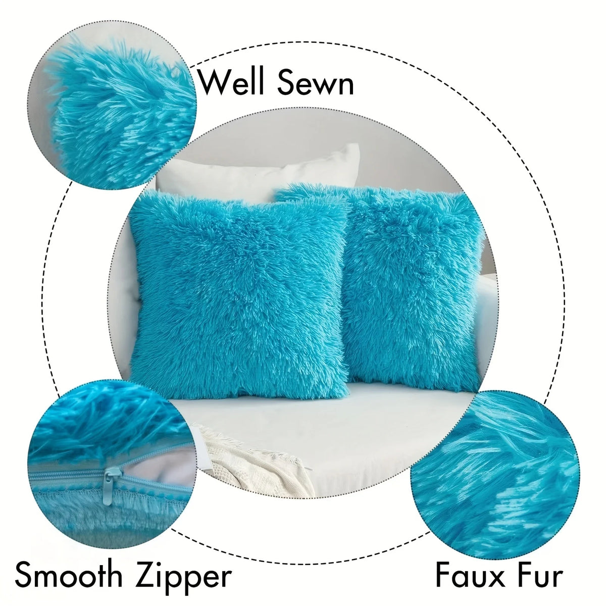 Two bright blue faux fur throw pillow covers showing a well-sewn texture and smooth zipper detail.