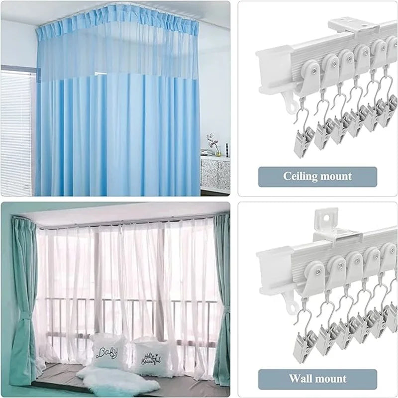 Flexible bendable curtain track shown with ceiling and wall mounting options for window treatments