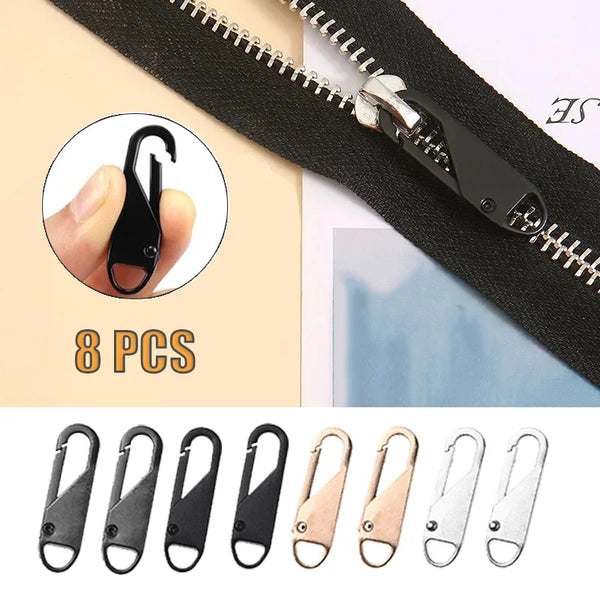 A set of eight replacement zipper pullers in black and silver colors shown against a black fabric background.