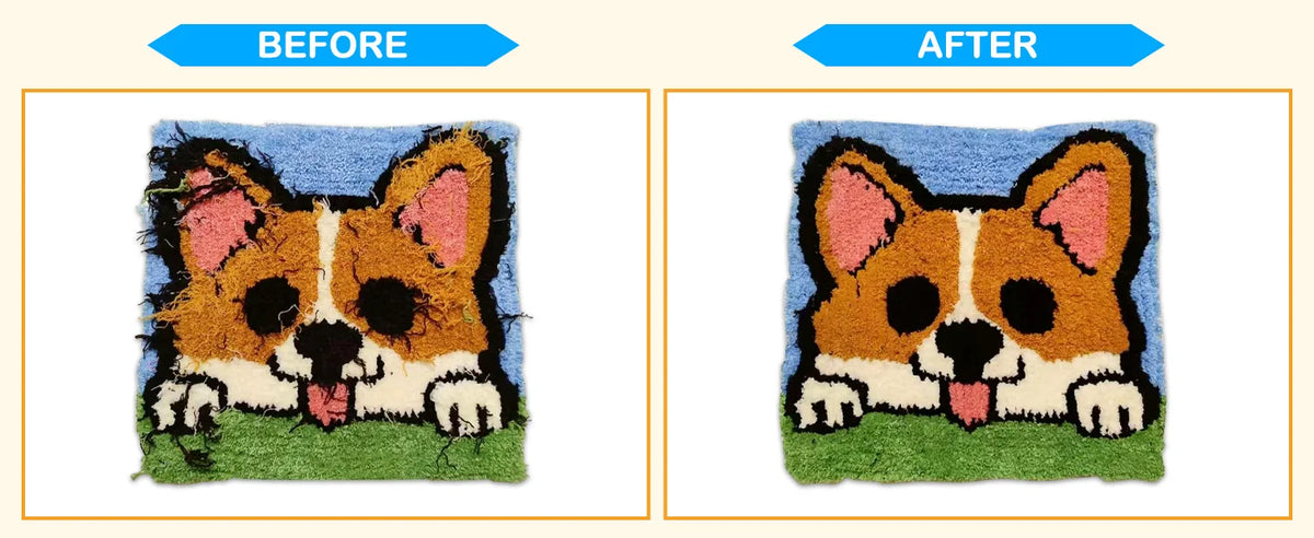 Before and after comparison of a dog's face using a cordless carpet trimmer for fabric detail work