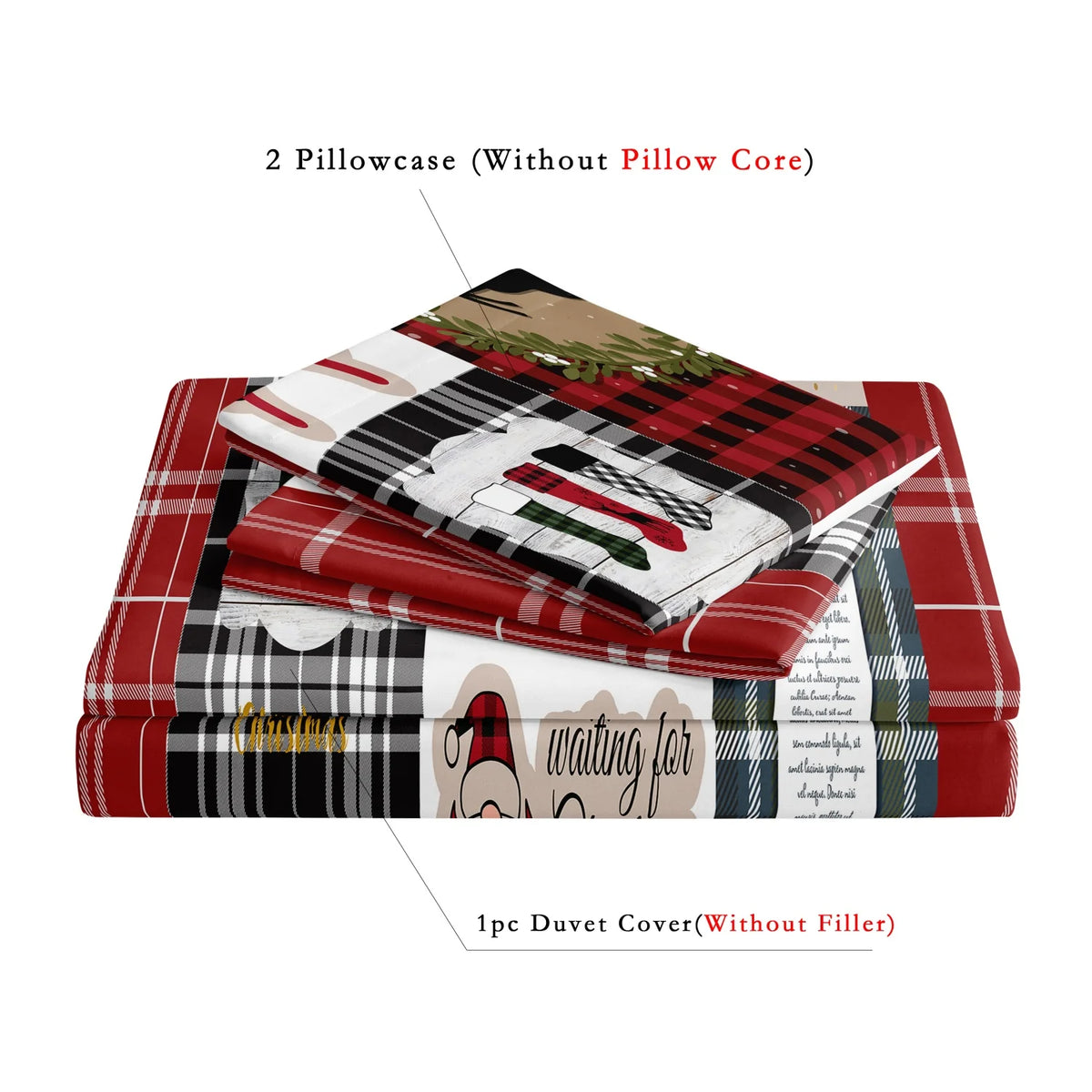 A set of two pillowcases without core and one duvet cover without filler featuring plaid reindeer print patterns.