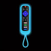 A luminous silicone TV remote cover with a blue and white design and a lanyard.