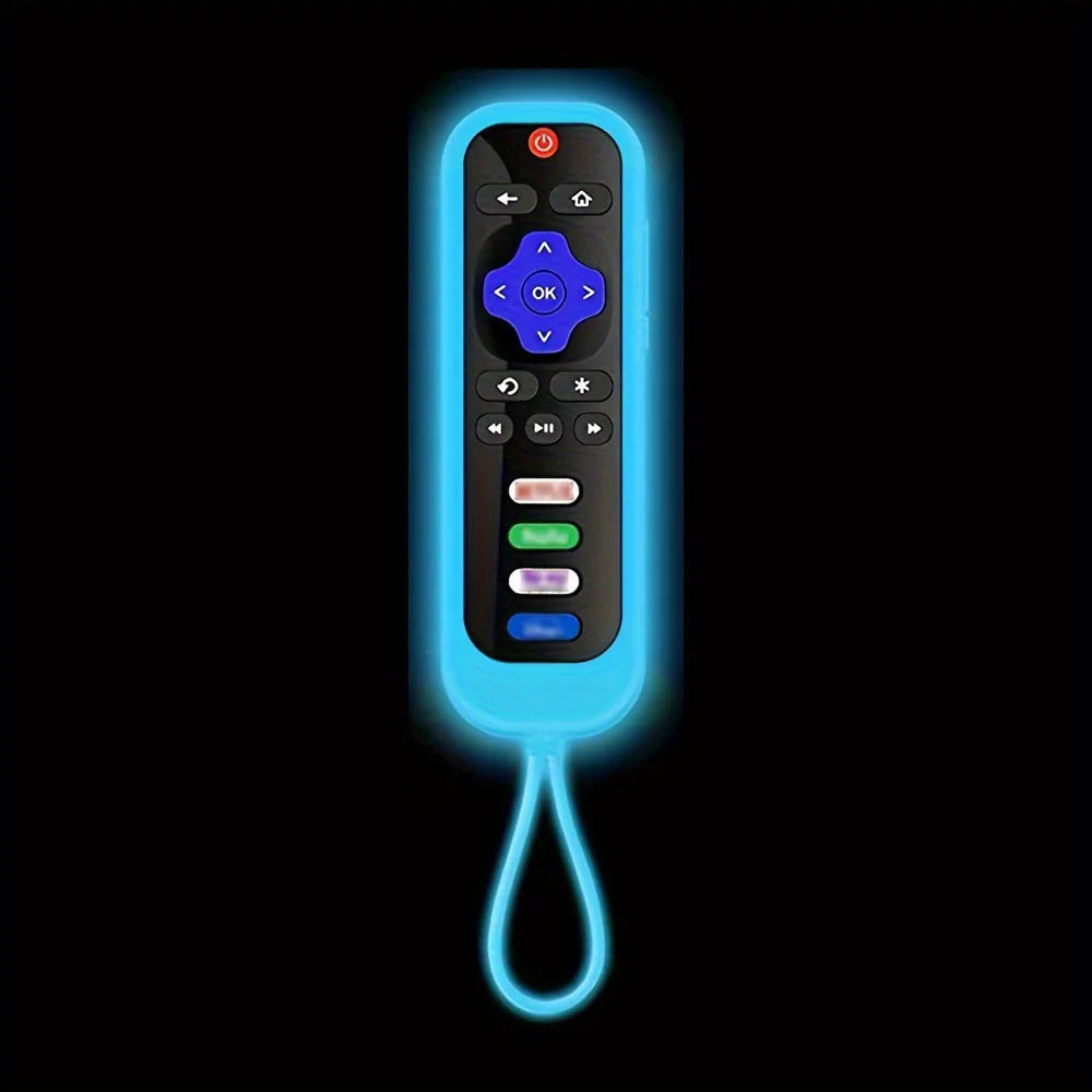 A luminous silicone TV remote cover with a blue and white design and a lanyard.