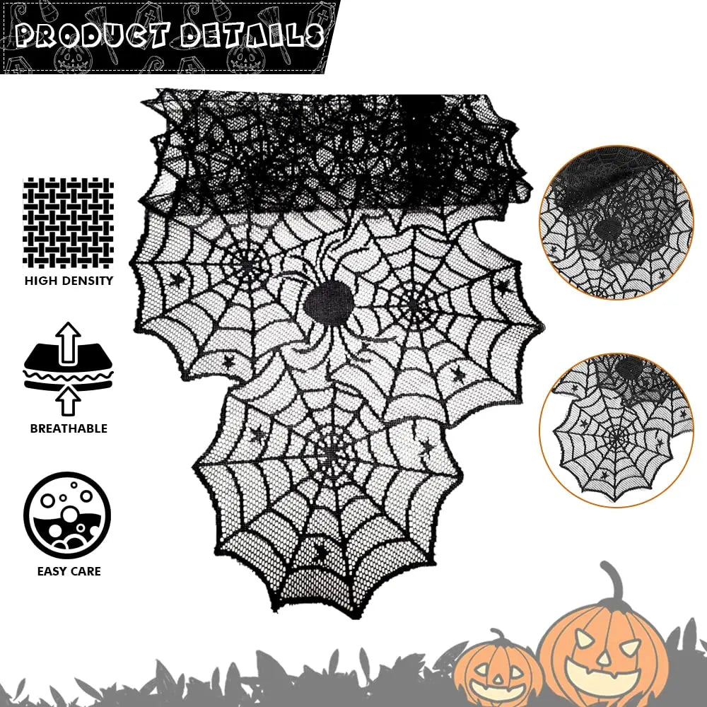 Black lace spider web table runner for Halloween decoration