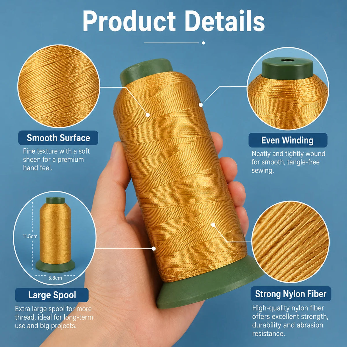 A hand holds a roll of gold nylon sewing thread, showing details about its smooth surface, even winding, and strong fiber.