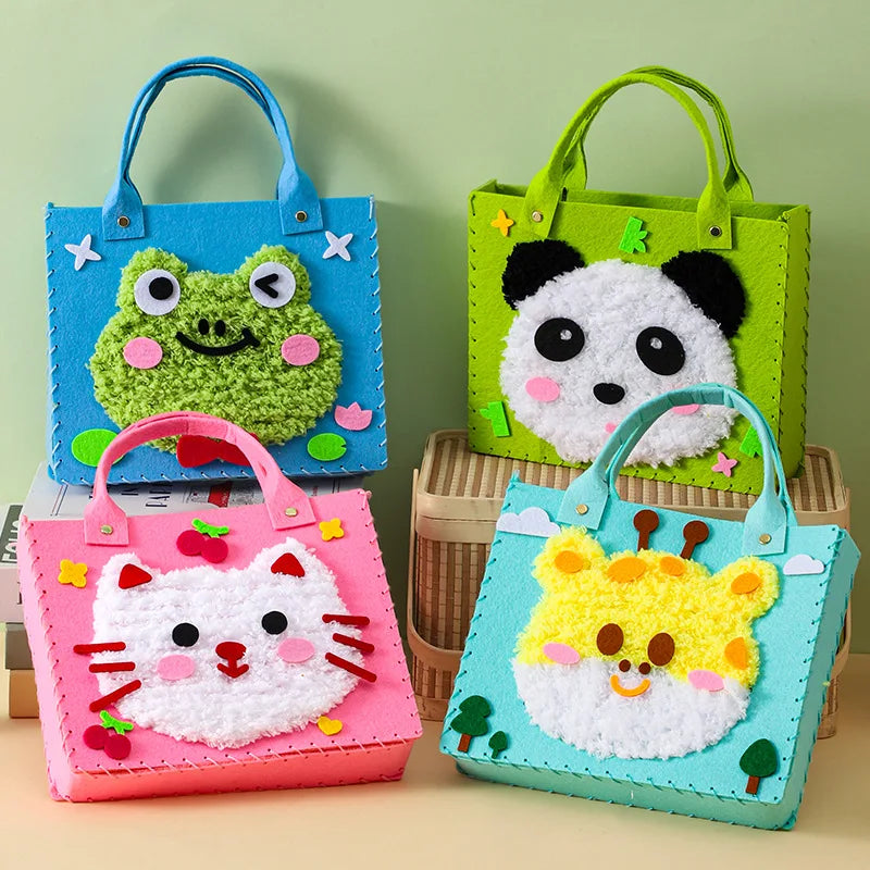 Three felt animal craft kits featuring a frog, panda, and cat in bright colors