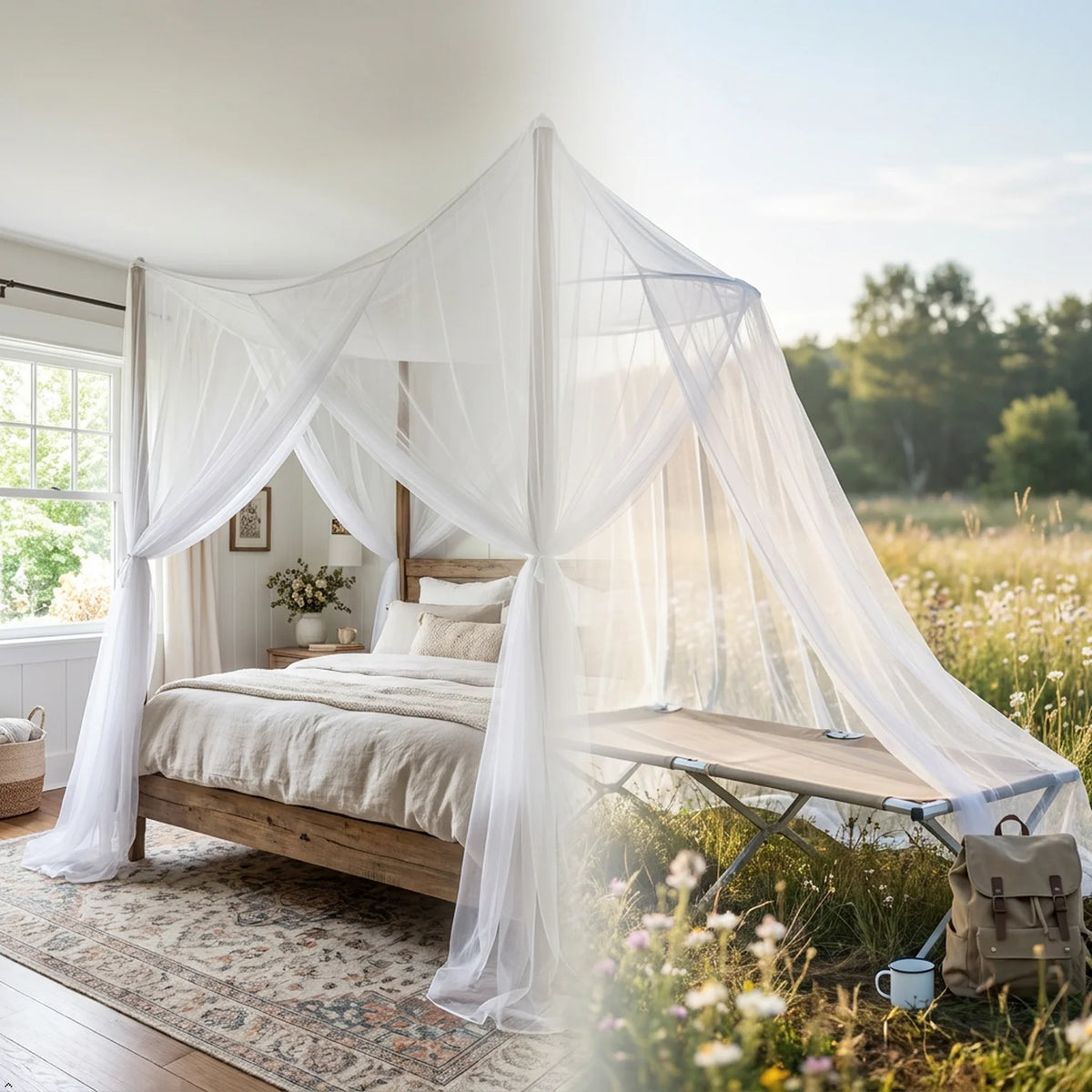 A square mosquito net bed canopy with sheer white fabric draped over a wooden bed in an outdoor setting.