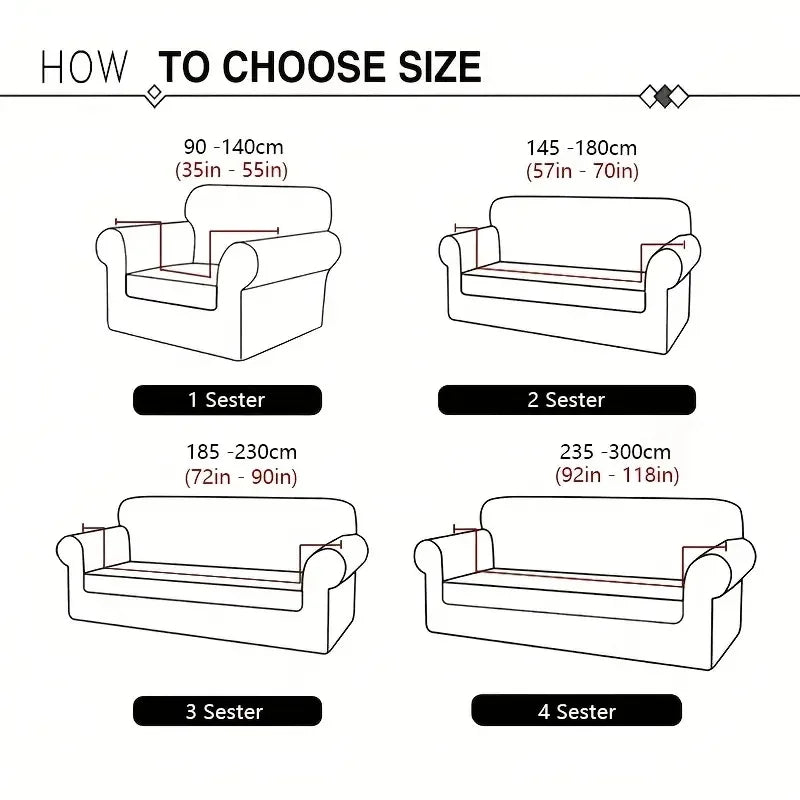 Diagram showing different sizes of sofa covers, including 1 to 4 seater options with corresponding dimensions.