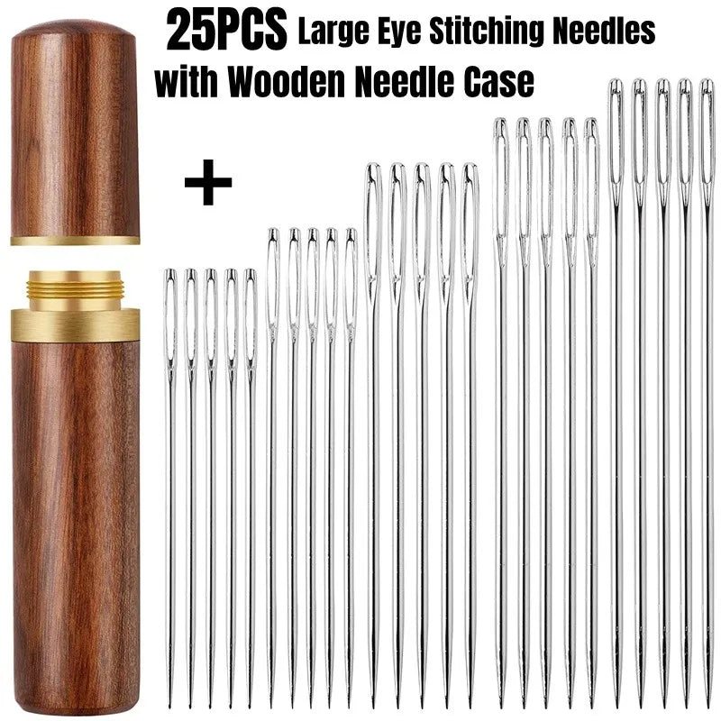A set of 25 large eye stitching needles with a wooden case shown in a vertical arrangement.