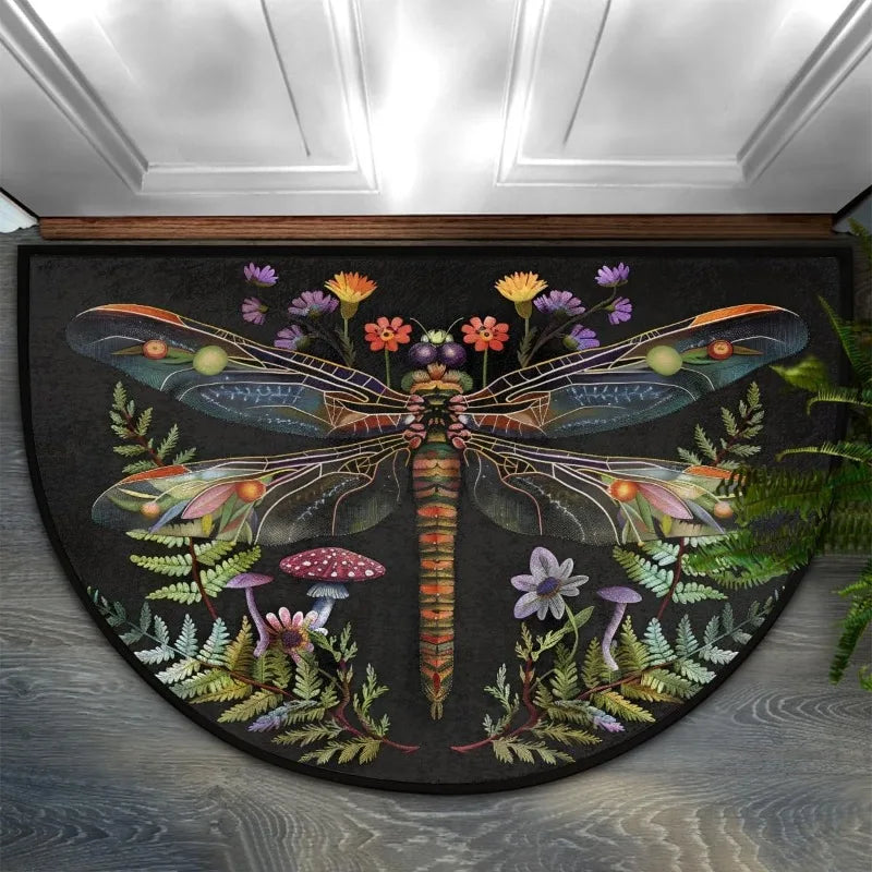 A dark rug featuring a whimsical floral design of dragonflies and greenery for an entry mat.