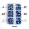 A clear plastic container holds various sizes of blue iridescent glass rhinestones categorized by SS6, SS10, SS16, SS20, and 