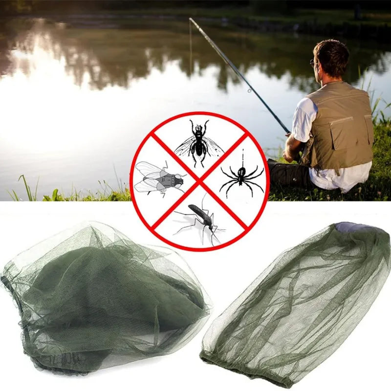 A multi-pack of adjustable mosquito protection fishing hats shown next to a person fishing by the water.