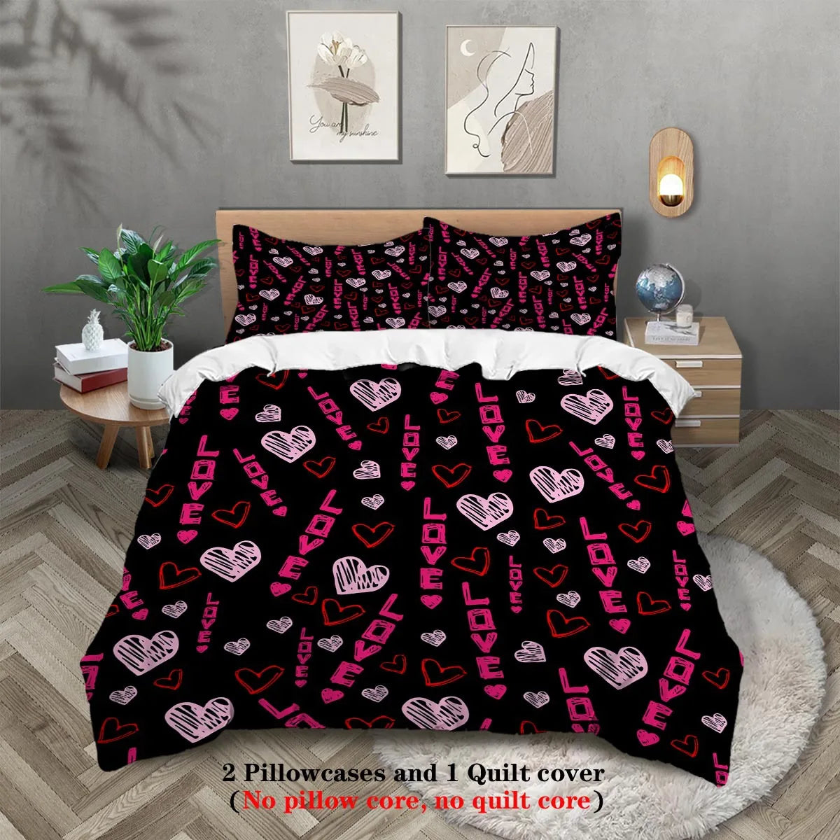 A black and pink heart patterned duvet cover set with two pillowcases and a quilt cover displayed on a bed.