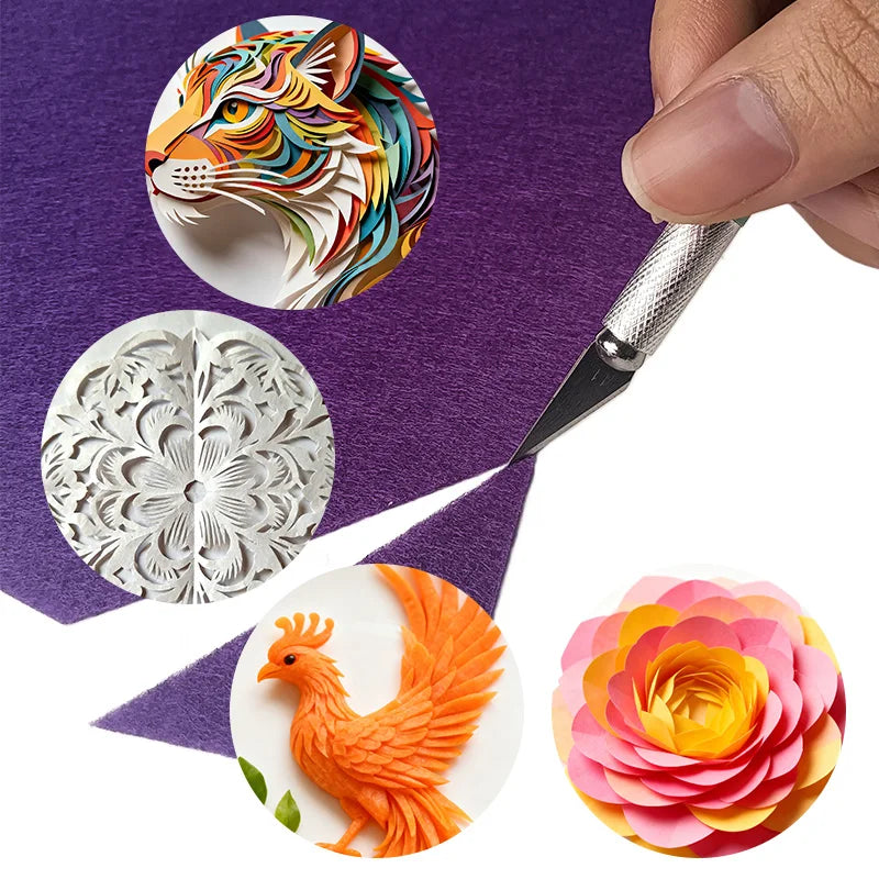 A set of craft accessories including a lion head, a floral pattern, a rooster, and a colorful flower, displayed on purple fab