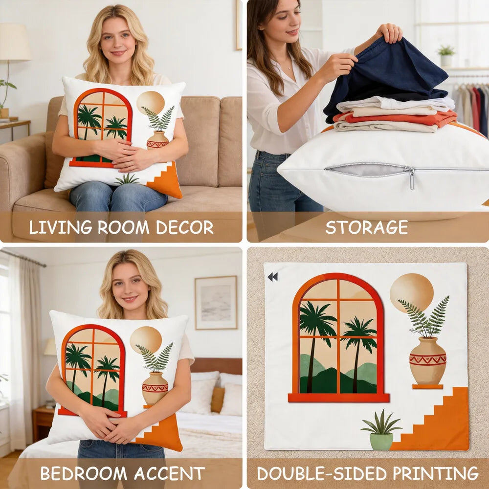 Various images showing a faux fur cowhide print cushion cover with a hidden zipper used for living room decor, storage, bedro