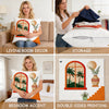 Various images showing a faux fur cowhide print cushion cover with a hidden zipper used for living room decor, storage, bedro