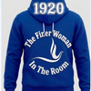 A royal blue hoodie featuring embroidered text and a graphic design on the back.