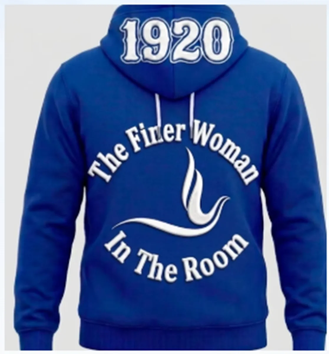 A royal blue hoodie featuring embroidered text and a graphic design on the back.