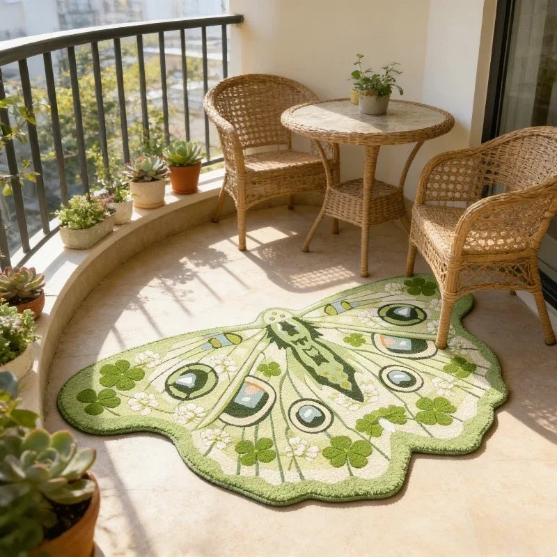 A green and white irregular shaped plush floor rug is placed on a light-colored floor next to wicker chairs and a table.
