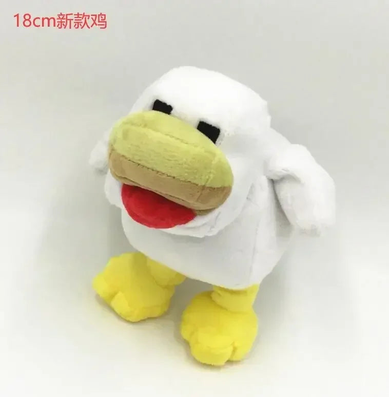 A white stuffed dragon plush toy with yellow feet and a red tongue.