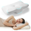 A contoured memory foam sleep pillow is shown next to a woman lying down for neck pain relief.