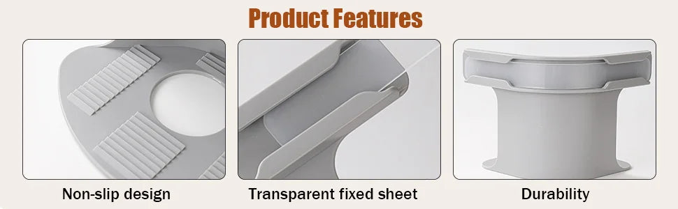 Product features showing a non-slip design, transparent fixed sheet, and durability of heavy duty fitted sheet clips.