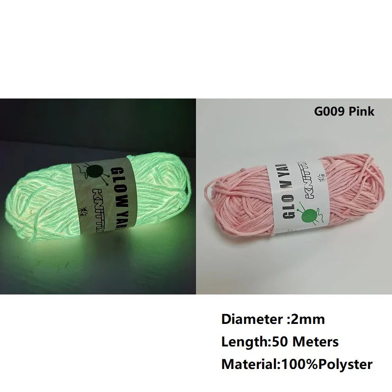 Pink glow-in-the-dark polyester yarn labeled G009 Pink with a 2mm diameter and 50 meters length