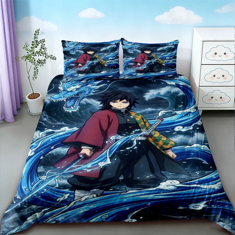 Anime Demon Slayer duvet cover featuring a character in a red outfit battling a blue dragon on a dark water background