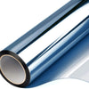 A roll of blue one way mirror window film showing its rolled edge and reflective surface.