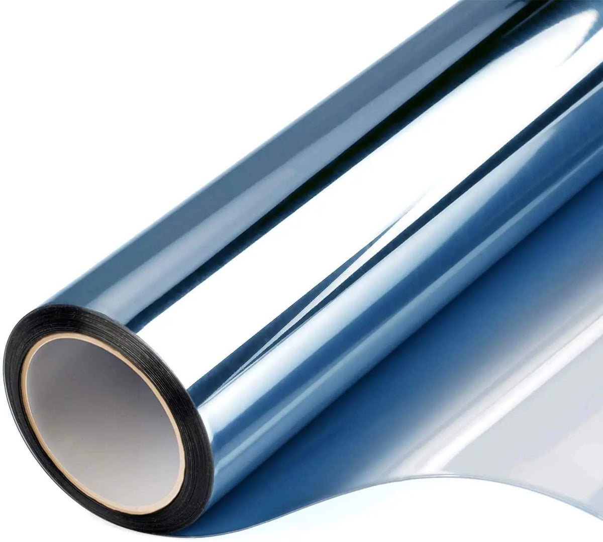 A roll of blue one way mirror window film showing its rolled edge and reflective surface.