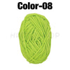 A ball of bright lime green chenille yarn labeled Color-08 for crafting.