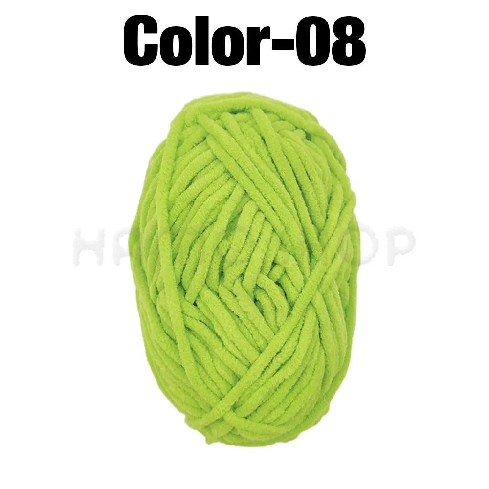 A ball of bright lime green chenille yarn labeled Color-08 for crafting.