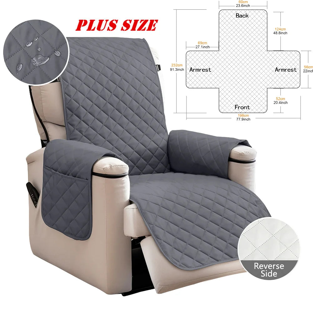 A gray washable recliner sofa slipcover with anti-slip straps shown from the side and with dimension diagrams.