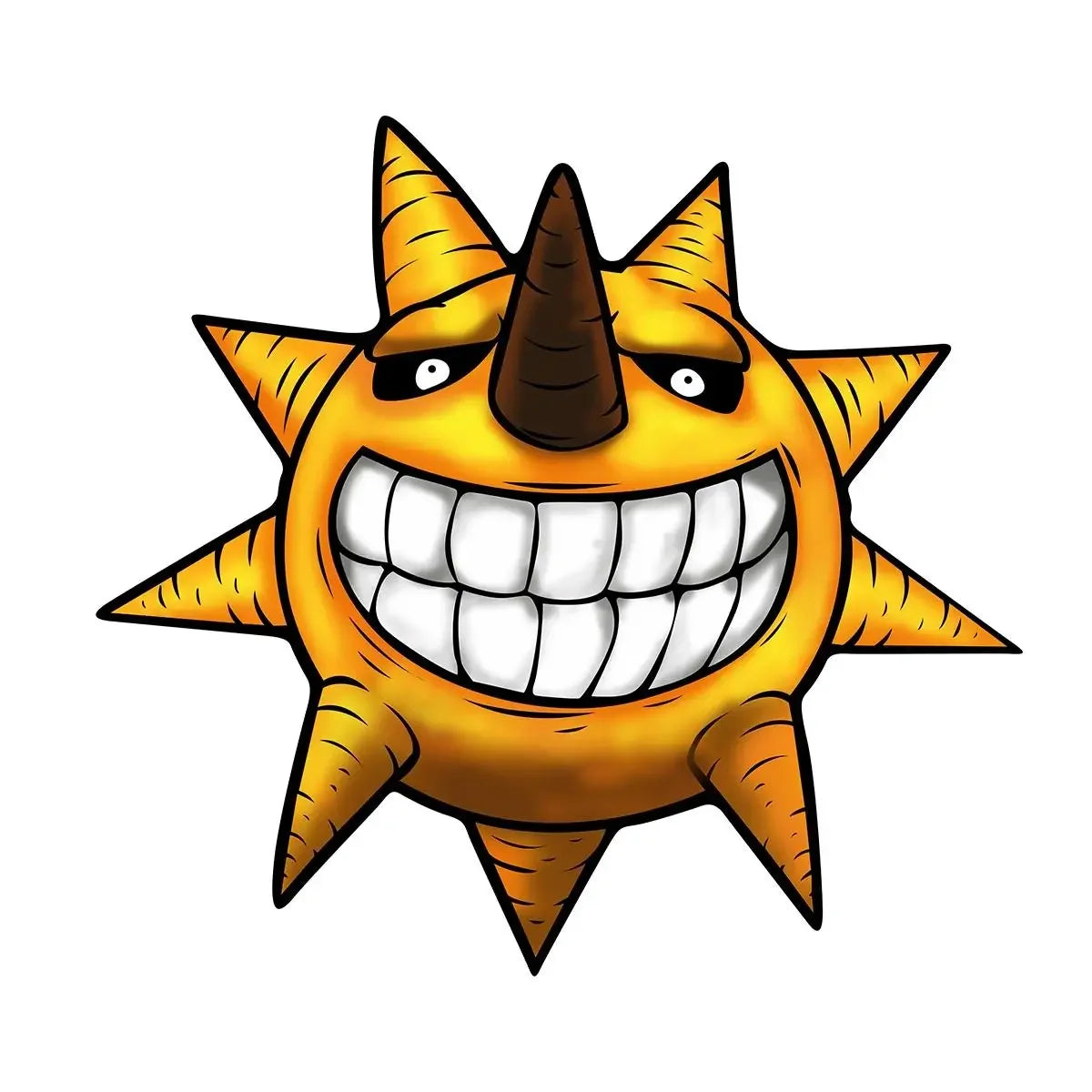A cartoonish, smiling sun motif floor mat with sharp rays and a central nose.