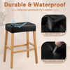 A black bar stool cover made of durable and waterproof PU leather shown next to close-ups demonstrating its quality and scrat