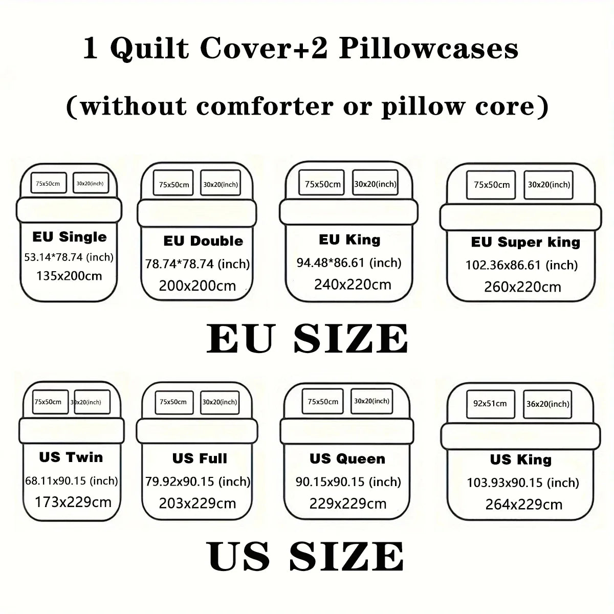 EU and US size bedding set featuring a quilt cover and pillowcases without comforter or pillow core