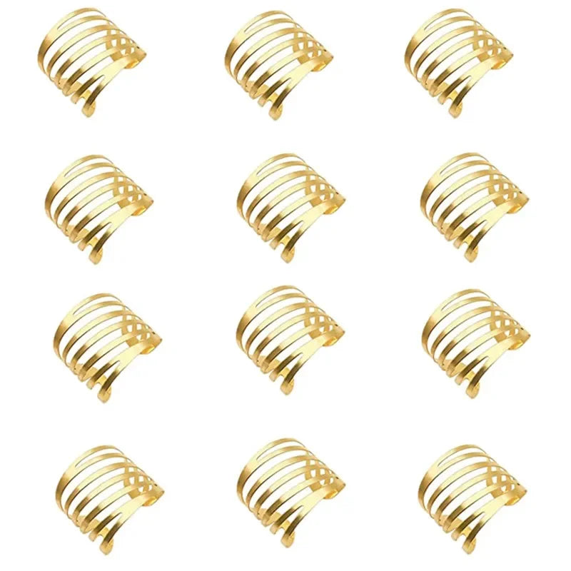 A set of elegant gold metal napkin rings for table decoration.