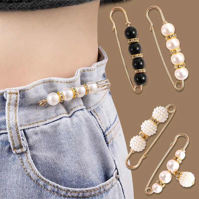 A close-up of an adjustable pearl brooch worn on a denim shirt pocket and displayed separately.
