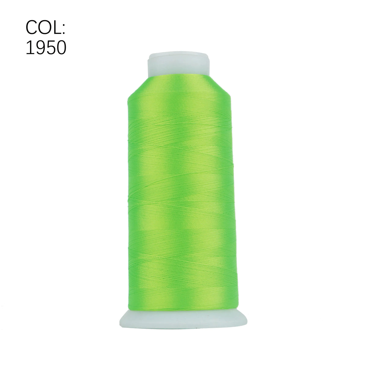 A spool of bright lime green embroidery thread with a white core.